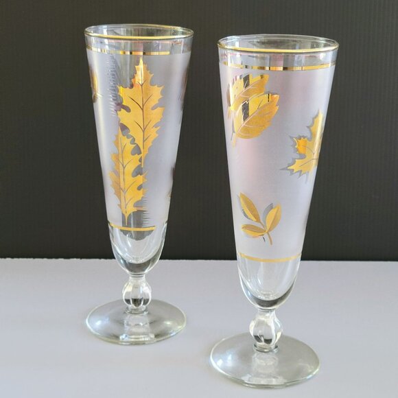 MCM Libbey Golden Foliage Pilsner Beer Glass Set of 2 Gold Leaves  Frosted Glass - Picture 1 of 11
